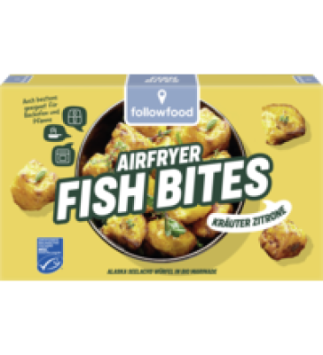 Fish Bites Zitrone-Kräuter - Alaska Seelachs Würfel in Bio Marinade, 180 gr Schachtel, Tiefkühlware, followfood