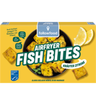 Airfryer Fish Bites Zitrone-Kräuter - Alaska Seelachs Würfel in Bio Marinade, 180 gr Schachtel, Tiefkühlware, followfood