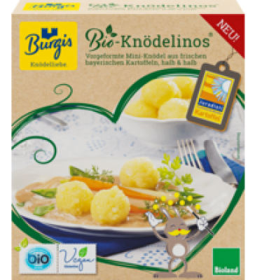 Bio-Knödelinos halb & halb, vegan, 400 gr Schachtel (16 Stück), Tiefkühlware, Burgis Knödelliebe