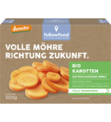 Karotten in Scheiben, blanchiert, geschält, vegan, 300 gr Schachtel, Tiefkühlware, followfood