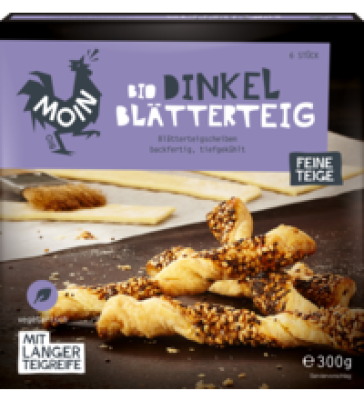 Dinkel Blätterteig, 300 gr Packung (6*50 gr), Tiefkühlware, Moin