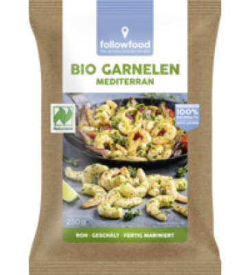 Bio Garnelen Mediterran, roh, geschält und fertig mariniert, 250 gr Beutel, Tiefkühlware, followfood