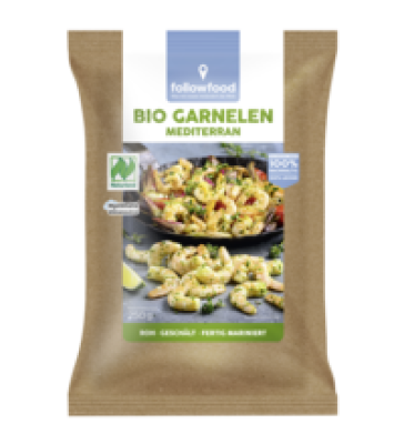 Bio Garnelen Mediterran, roh, geschält und fertig mariniert, 250 gr Beutel, Tiefkühlware, followfood