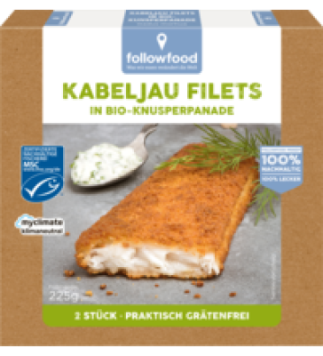 Kabeljau Filets in Bio-Knusperpanade, 225 gr Packung (2 Stück), Tiefkühlware, followfood