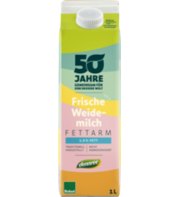 Frische fettarme Weidemilch, 1,5% Fett, 1 ltr Tetra Pack, dennree