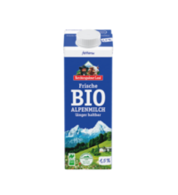 Frische fettarme Alpenmilch, länger haltbar, 1,5% Fett, 1 ltr Tetra Pack, Berchtesgadener Land