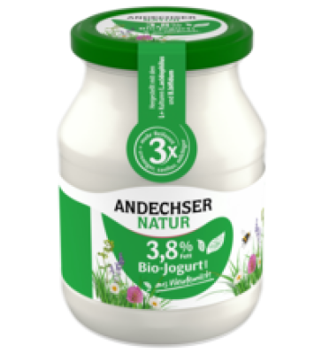 Jogurt mild Natur, gerührt, 3,8% Fett, 500 gr Glas, Andechser Natur