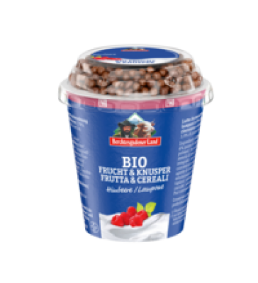 Frucht & Knusper Joghurt Himbeere mit Schokobällchen, 3,9% Fett, 150 gr Becher, Berchtesgadener Land