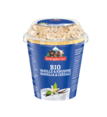 Frucht & Knusper Joghurt Vanille mit Müsli, 3,9% Fett, 150 gr Becher, Berchtesgadener Land