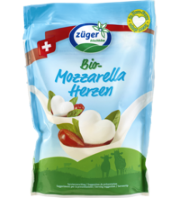 Mozzarella Herzen, mind. 45% Fett i. Tr., 260 gr Beutel (Abtropfgewicht: 130 gr), Züger Frischkäse