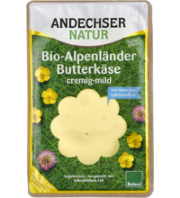 Alpenländer Butterkäse in Scheiben, laktosefrei, mind. 50% Fett i. Tr., 150 gr Packung, Andechser Natur