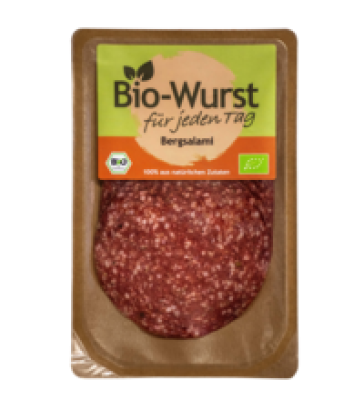 Bergsalami, geschnitten, 80 gr Packung, Die Bio-Wurst