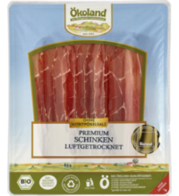 Premium Schinken, luftgetrocknet, geschnitten, 80 gr Packung, Ökoland