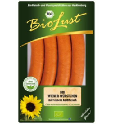 Wiener-Würstchen (mit feinem Kalb- und Schweinefleisch), 200 gr Packung (4 Stück), BioLust