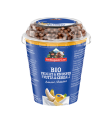 Frucht & Knusper Joghurt Banane mit Schokobällchen, 3,9% Fett, 150 gr Becher, Berchtesgadener Land