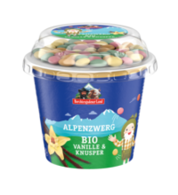 Frucht & Knusper Joghurt Vanille mit Schokolinsen, 3,9% Fett, 137 gr Becher, Berchtesgadener Land