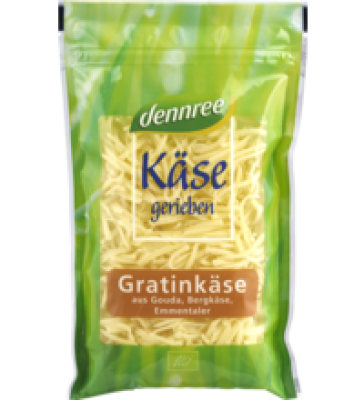 Gratinkäse gerieben (aus Gouda, Bergkäse & Emmentaler), laktosefrei, mind. 45% Fett i.Tr., 150 gr Beutel, dennree