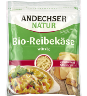 Bio-Reibekäse, würzig, mind. 45% Fett i. Tr., 150 gr Beutel, Andechser Natur