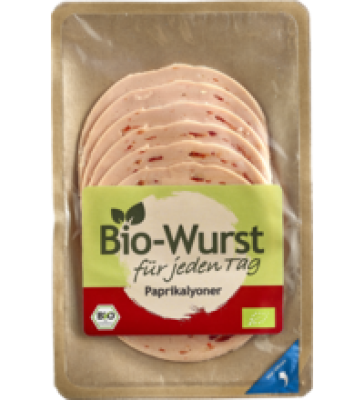 Paprika-Lyoner, geschnitten, 80 gr Packung, Die Bio-Wurst