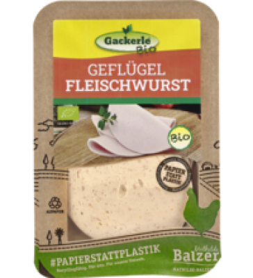Geflügel Fleischwurst, geschnitten, 80 gr Packung, Gackerle Bio