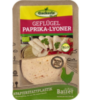 Geflügel Paprika-Lyoner, geschnitten, 80 gr Packung, Gackerle Bio