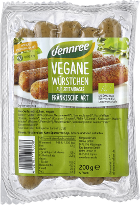 Vegane Würstchen „Fränkische Art” (auf Seitanbasis), 200 gr Packung (5 Stück), dennree