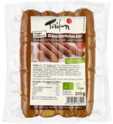 Veggie-Bratwurst „Räucherknacker”, vegan, 250 gr Packung (4 Stück), Taifun