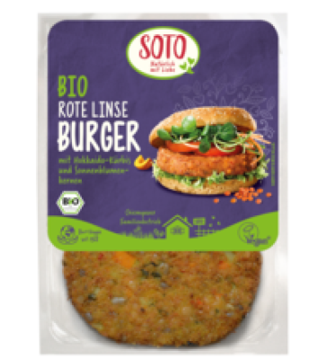 Rote Linse Burger, vegan, 160 gr Packung, Soto