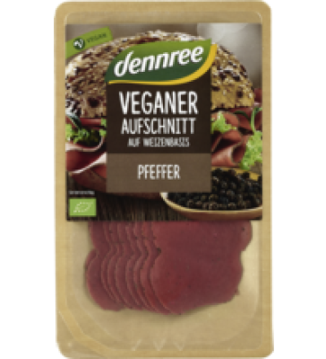 Veganer Aufschnitt auf Weizenbasis mit Pfeffer, 90 gr Packung, dennree