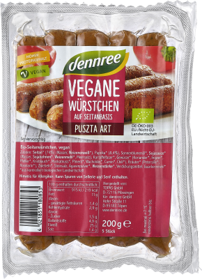 Vegane Würstchen „Puszta Art” (auf Seitanbasis), 200 gr Packung (5 Stück), dennree