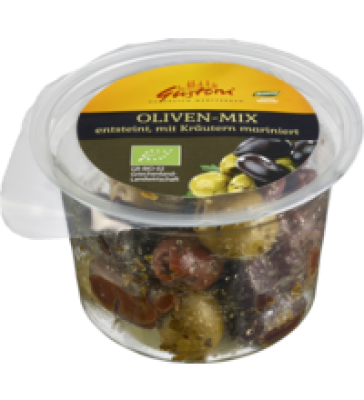 Oliven-Mix, entsteint, mit Kräutern mariniert, vegan, 100 gr Schale, Gustoni