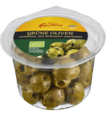 Grüne Oliven, entsteint, mit Kräutern mariniert, vegan, 100 gr Schale, Gustoni