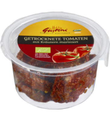 Getrocknete Tomaten, mit Kräutern mariniert, vegan, 80 gr Schale, Gustoni