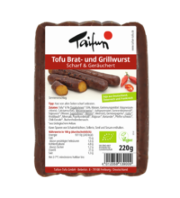 Tofu Brat- und Grillwurst Scharf & Geräuchert, vegan, 220 gr Packung (5 Stück), Taifun
