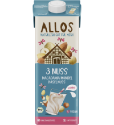 3 Nuss Drink (Macadamia, Mandel & Haselnuss), vegan, 1 ltr Tetra Pack, Allos