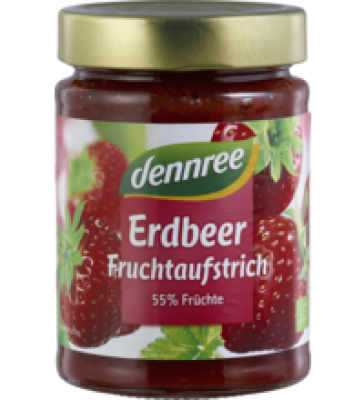 Fruchtaufstrich Erdbeere, vegan, 340 gr Glas, dennree