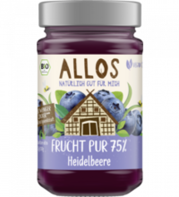 Fruchtaufstrich „Frucht Pur” Heidelbeere, vegan, 250 gr Glas, Allos