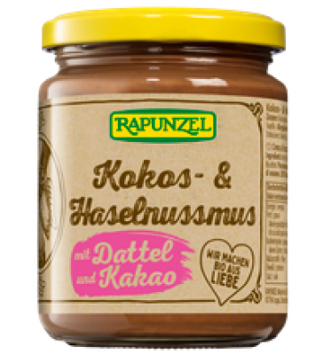 Kokos- & Haselnussmus mit Dattel und Kakao, vegan, 250 gr Glas, Rapunzel