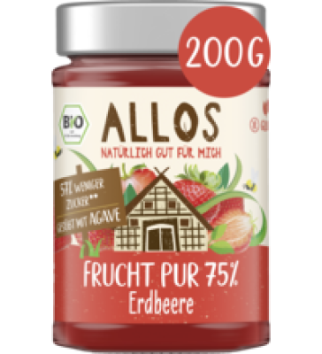 Fruchtaufstrich „Frucht Pur” Erdbeere, vegan, 200 gr Glas, Allos
