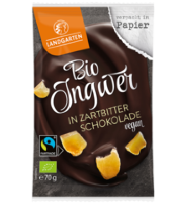 Ingwer in Zartbitterschokolade, vegan, 70 gr Beutel, Landgarten