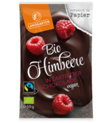 Himbeere in Zartbitter-Schokolade, vegan, 50 gr Beutel, Landgarten