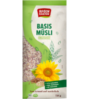 Basis-Müsli, ungesüßt, vegan, 750 gr Packung, Rosengarten