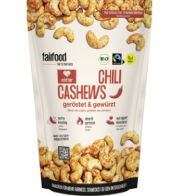 Chili Cashews, ohne Öl geröstet, vegan, 125 gr Packung, fairfood Freiburg