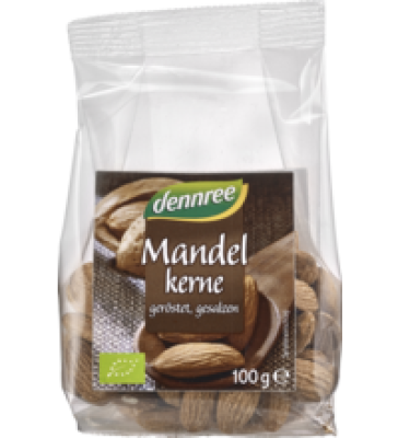 Mandelkerne, geröstet & gesalzen, vegan, 100 gr Packung, dennree