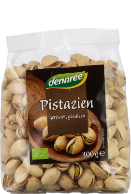 Pistazien mit Schale, geröstet, gesalzen, vegan, 300 gr Packung, dennree