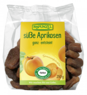 Süße Aprikosen, ganz, entsteint, vegan, 250 gr Packung, Rapunzel