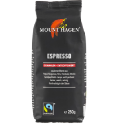 Espresso, entkoffeiniert, gemahlen, vegan, 250 gr Packung, Mount Hagen