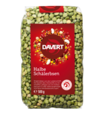 Halbe Schälerbsen, vegan, 500 gr Packung, Davert