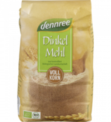 Dinkelvollkornmehl, vegan, 1 kg Packung, dennree
