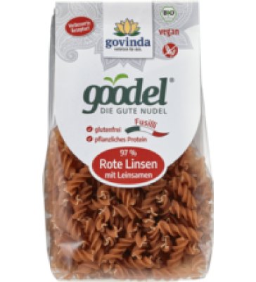 Goodel-Nudeln Fussili aus roten Linsen mit Leinsamen, glutenfrei, vegan, 250 gr Packung, Govinda